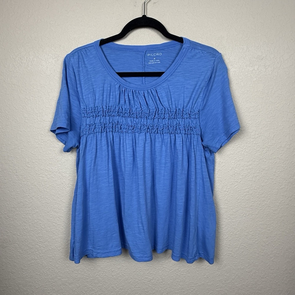 Anthropologie Pilcro Cotton Modal Flowy Swing Smocked Blue T-Shirt Preppy M